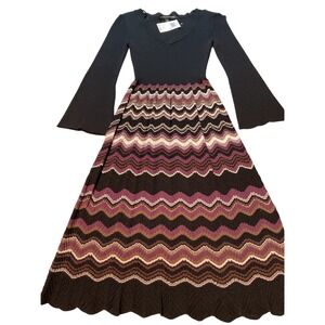 CHRISmCLAUGHLIN Black Knit Bell Sleeve V Neck Chevron Maxi Dress XS